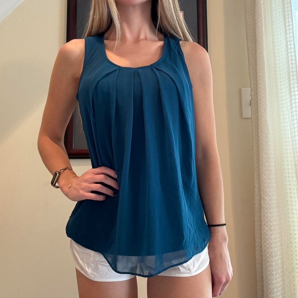 Blue Pleated Tank Top Blouse